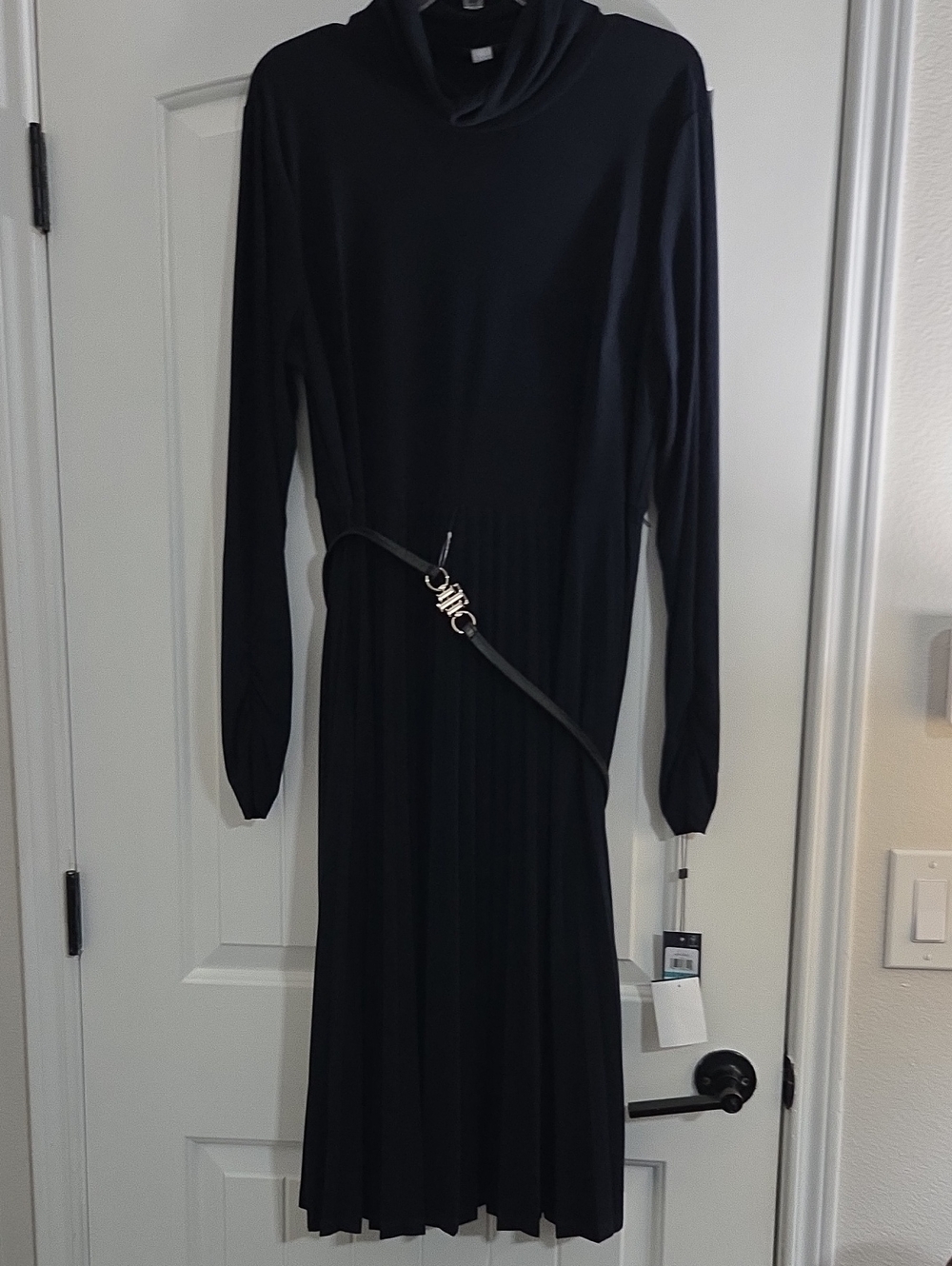Tommy Hilfiger Navy Long-Sleeve Pleated Midi Dress with Belt